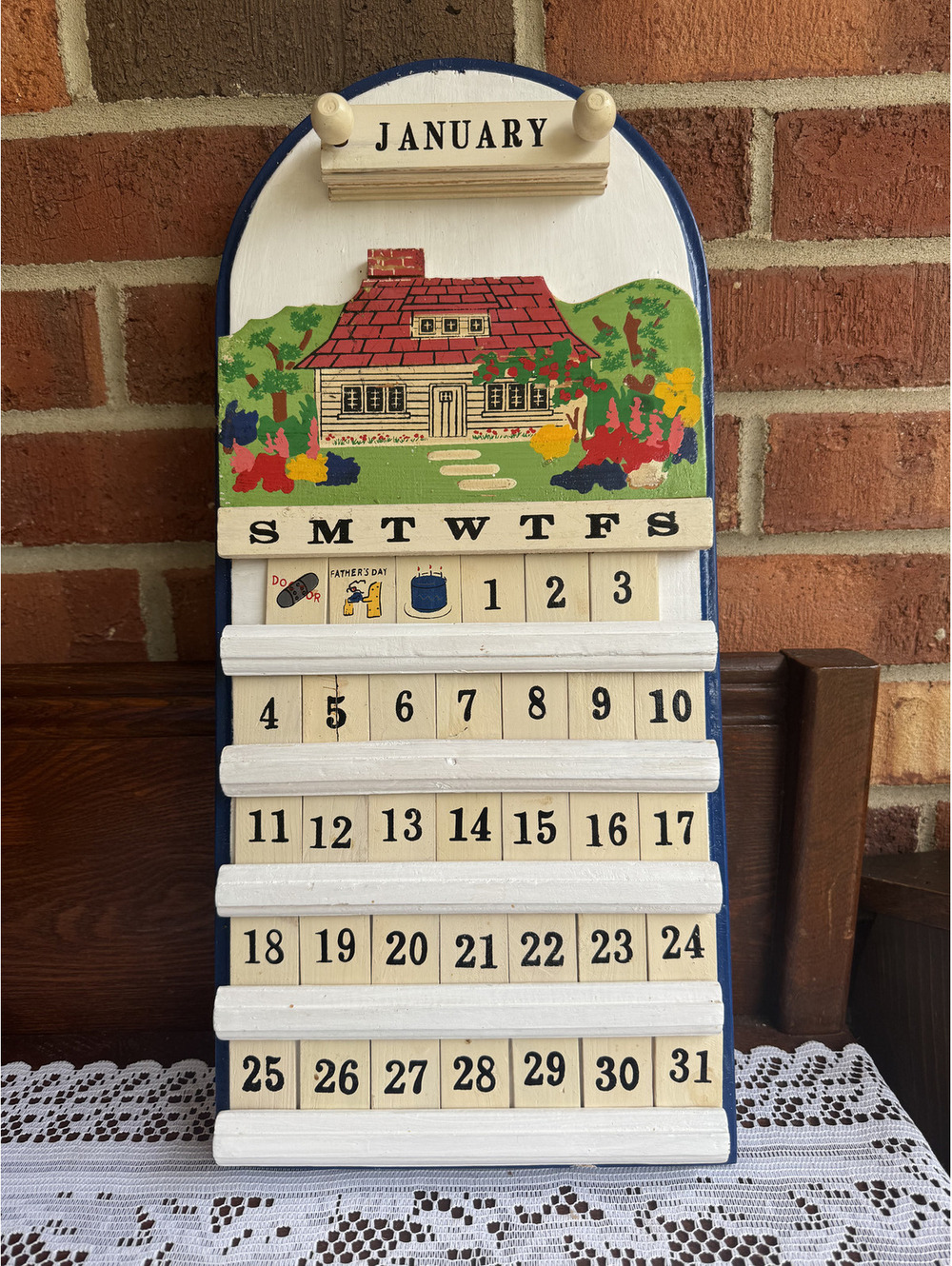 Vintage Wooden Perpetual Calendar with House Painting - COMPLETE